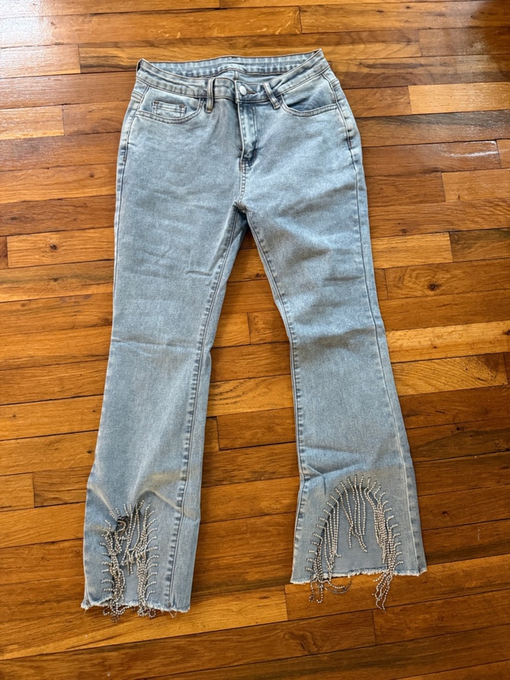SHEIN Light Blue Flare Jeans with Beaded Fringe